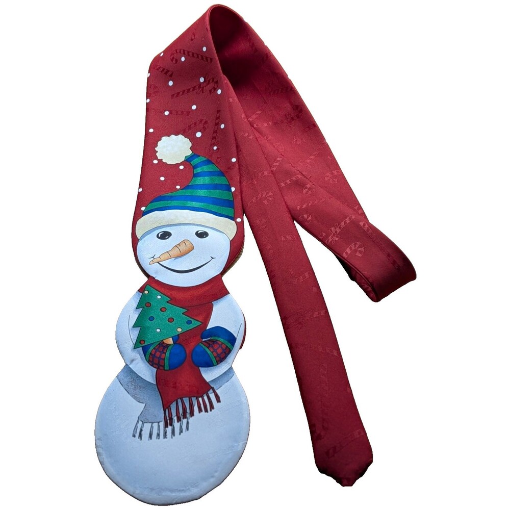 Vintage Jolly Holly Christmas Snowman Candy Cane Pattern Red Polyester Necktie